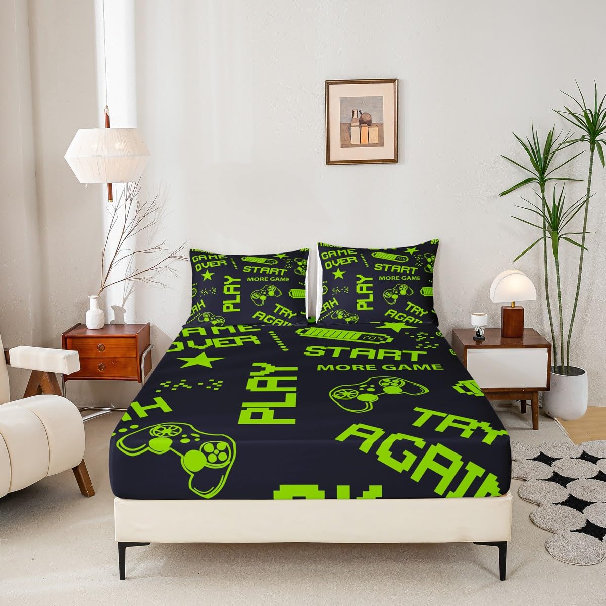 Erosebridal Games Fitted Sheet Twin Size Kids Boys Gamepad Gamer Bedding Set Gaming Sheet Set Gifts for Christmas Bed Cover Gamer Room Decor with 1 Pillow Case Green Black No Flat Top Sheet