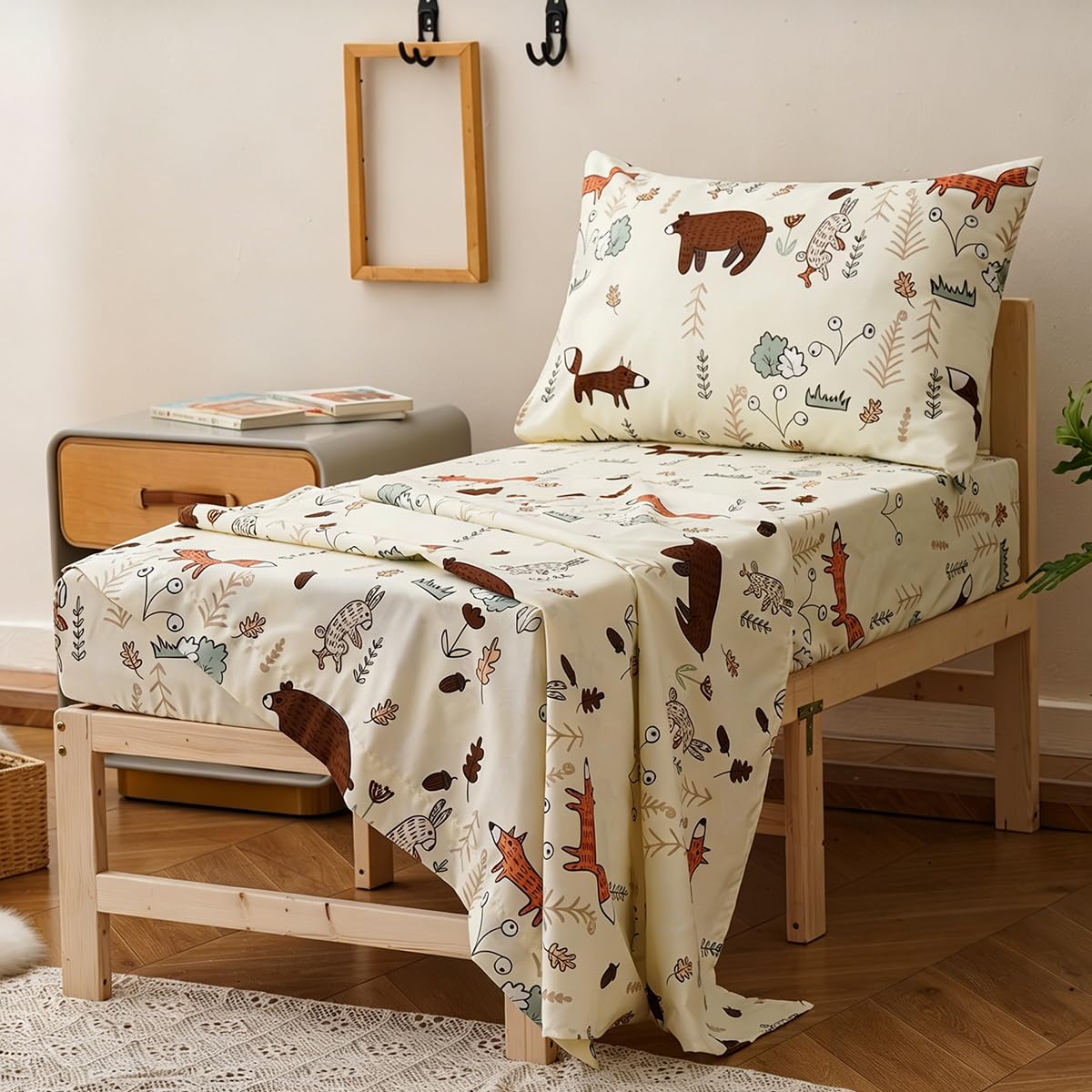KAREVER Cartoon Toddler Bedding Set Bear Fox 4 Pieces Crib Bed Set Kids Cream Yellow Animal Print Comforter Set