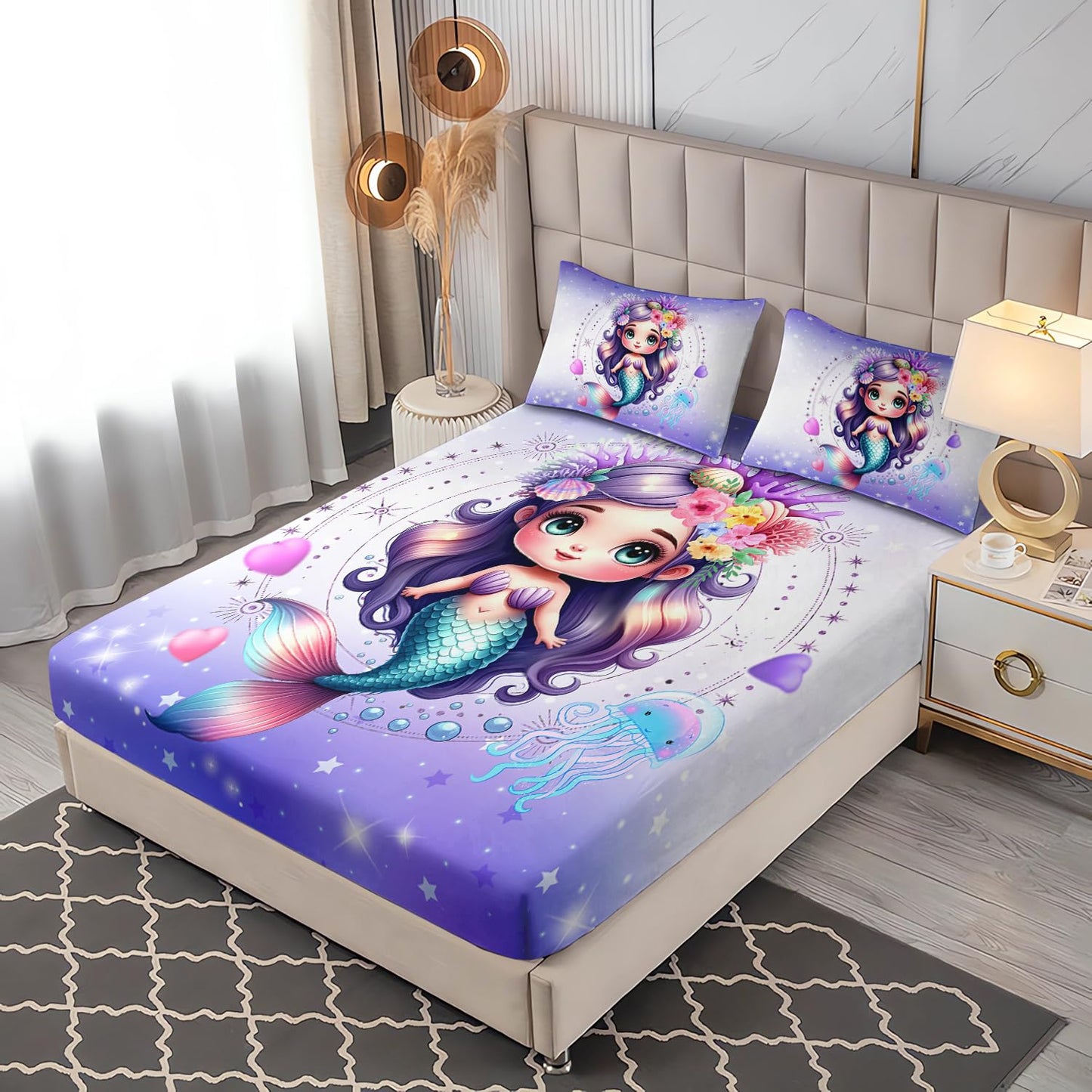 UEVBF Princess Bedding Cute Mermaid Pattern Twin Fitted Sheet Set,Star Jellyfish Ocean Themed Bedding Sets for Kids Toddlers Girls Boys Room Decor,1 Fitted Sheet + 2 Pillowcases.