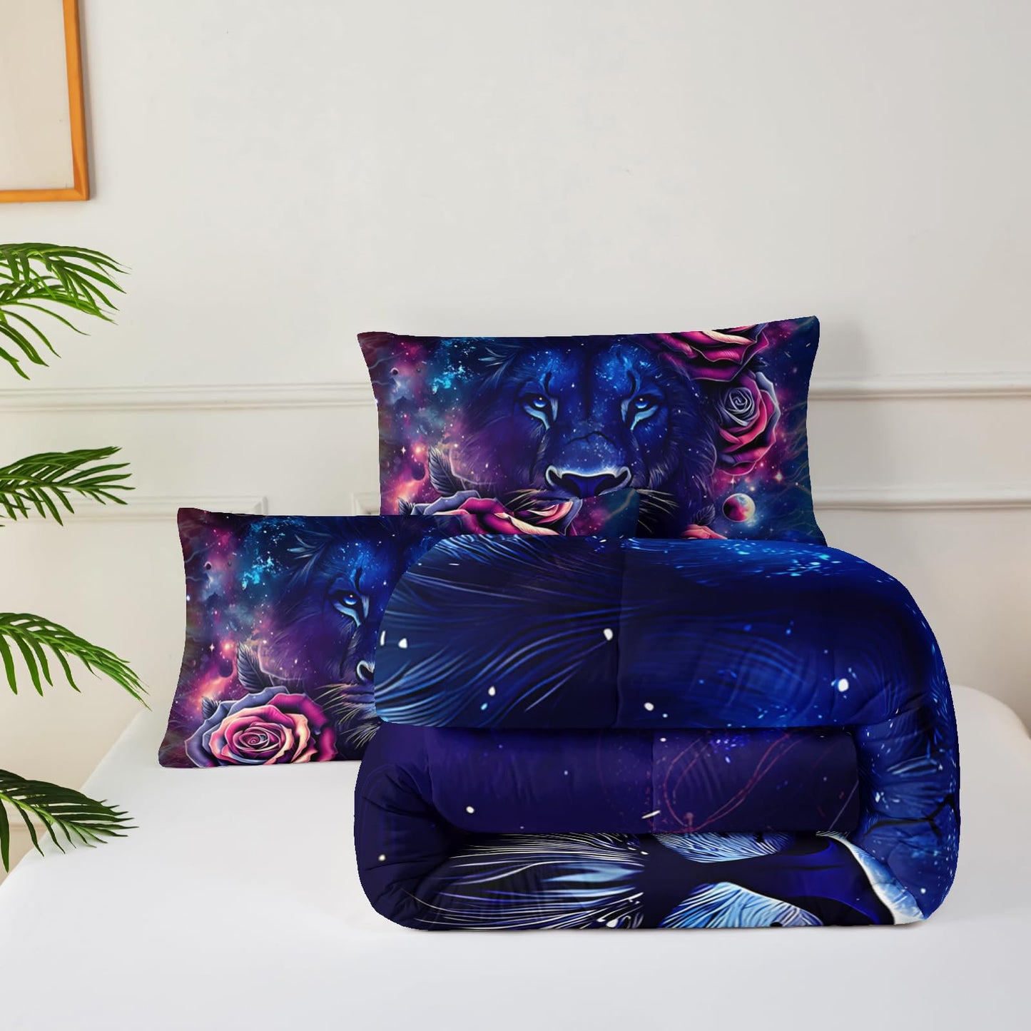 lneffble Black and Red Galaxy Roses Lion Comforter Set Full Size，Full Size Bedding Set Animal Print，Jungle Animal Bedroom Decor，with 1 Comforter with 2 Pillow Case