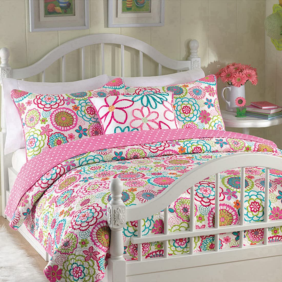 Cozy Line Home Fashions Pink Floral Polka Dot Colorful Reversible Quilt Bedding Set, Coverlet, Bedspreads for Girls (Mariah, Twin - 2 Piece)