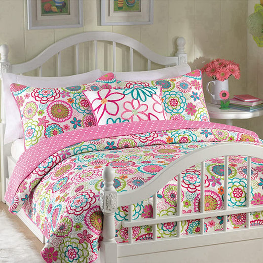 Cozy Line Home Fashions Pink Floral Polka Dot Colorful Reversible Quilt Bedding Set, Coverlet, Bedspreads for Girls (Mariah, Twin - 2 Piece)