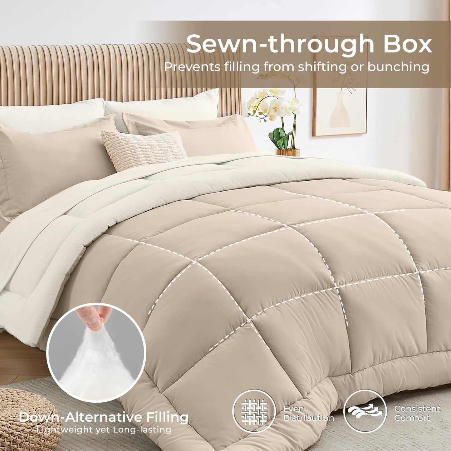 Sasttie Queen Comforter Set, 7 Pieces Reversible Bed in a Bag Queen, Complete Bedding Set Includes Comforter, Flat Sheet, Fitted Sheet, Pillowcases and Pillow Shams, Beige & Ivory