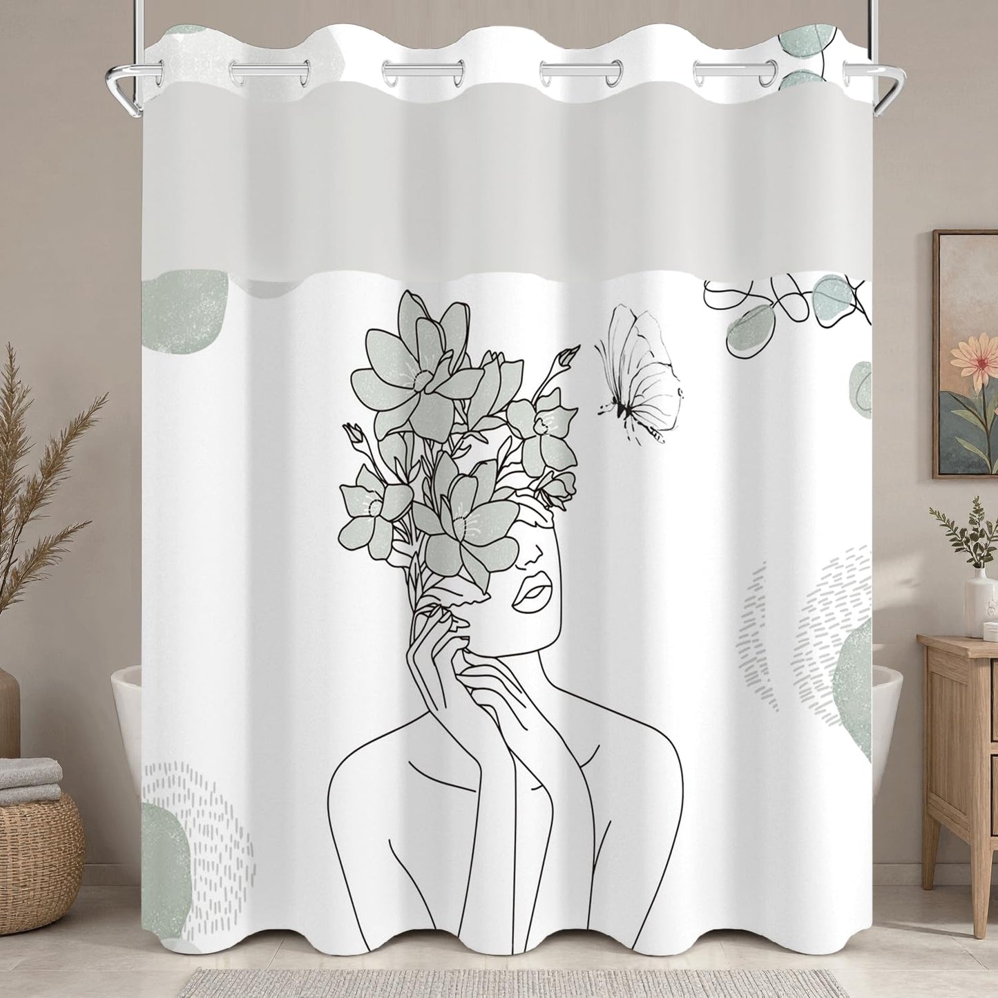 Xiazhilaio Minimalist Artistic No Hook Shower Curtain with Snap in Liner