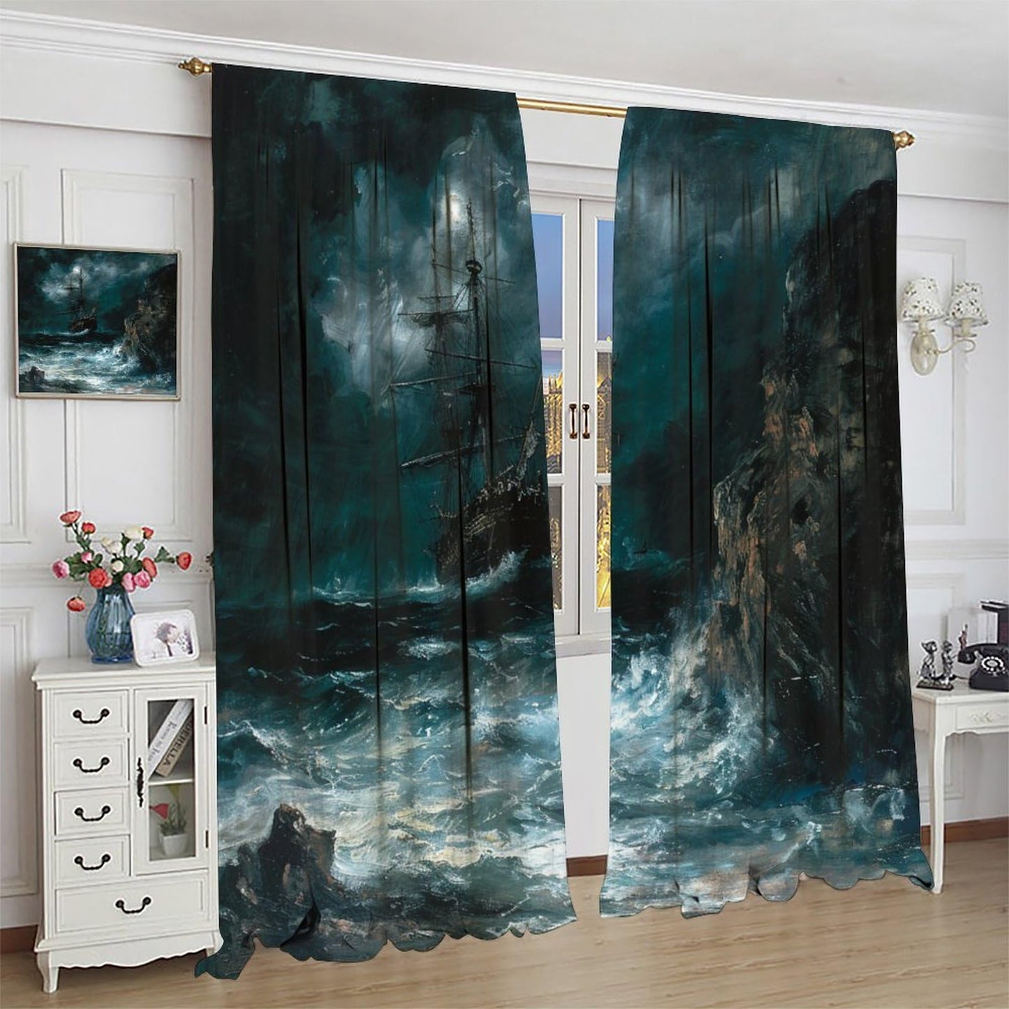 TOWINSFB Nautical Oil Painting Blackout Curtains for Bedroom Living Room, Sea Storm Pirate Ship Thermal Insulated Room Darkening Curtain - 42" W x 45" L