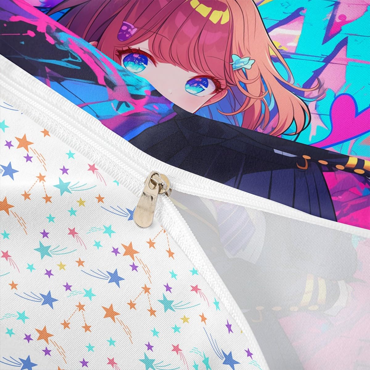 Erosebridal Girls Japanese Anime Bedding Set Full, Kawaii Anime Girl Comforter Cover Cartoon Girl Duvet Cover for Kids Teens Adult, Japanese Animation Sci Fi Style Bed Set, 2 Pillow Cases