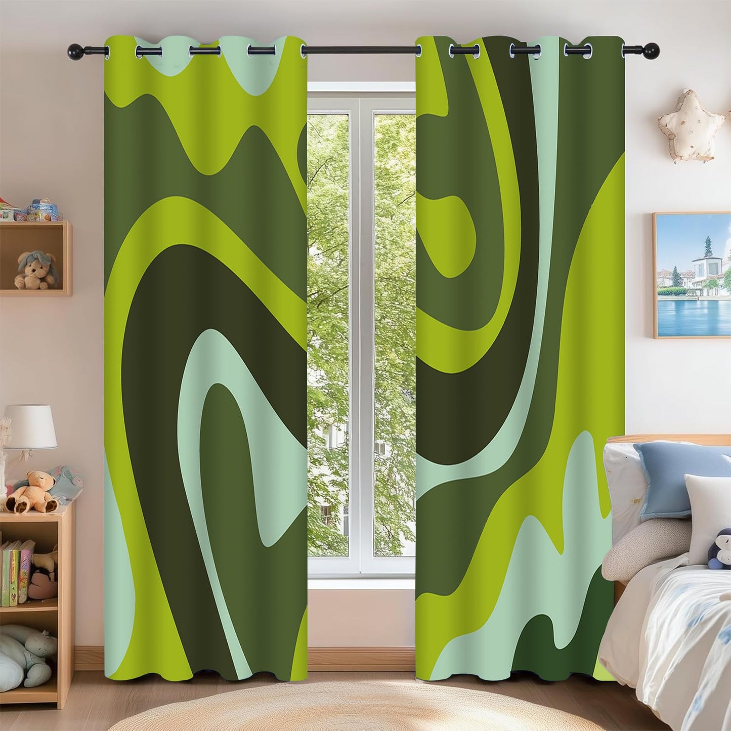Abstract Wave Blackout Curtains 84" W x 54" L, Emerald Green 3D Print Pattern Curtain, Top Grommet Darkening Curtain for Bedrooms Living Rooms Hallways Children's Rooms and Studies