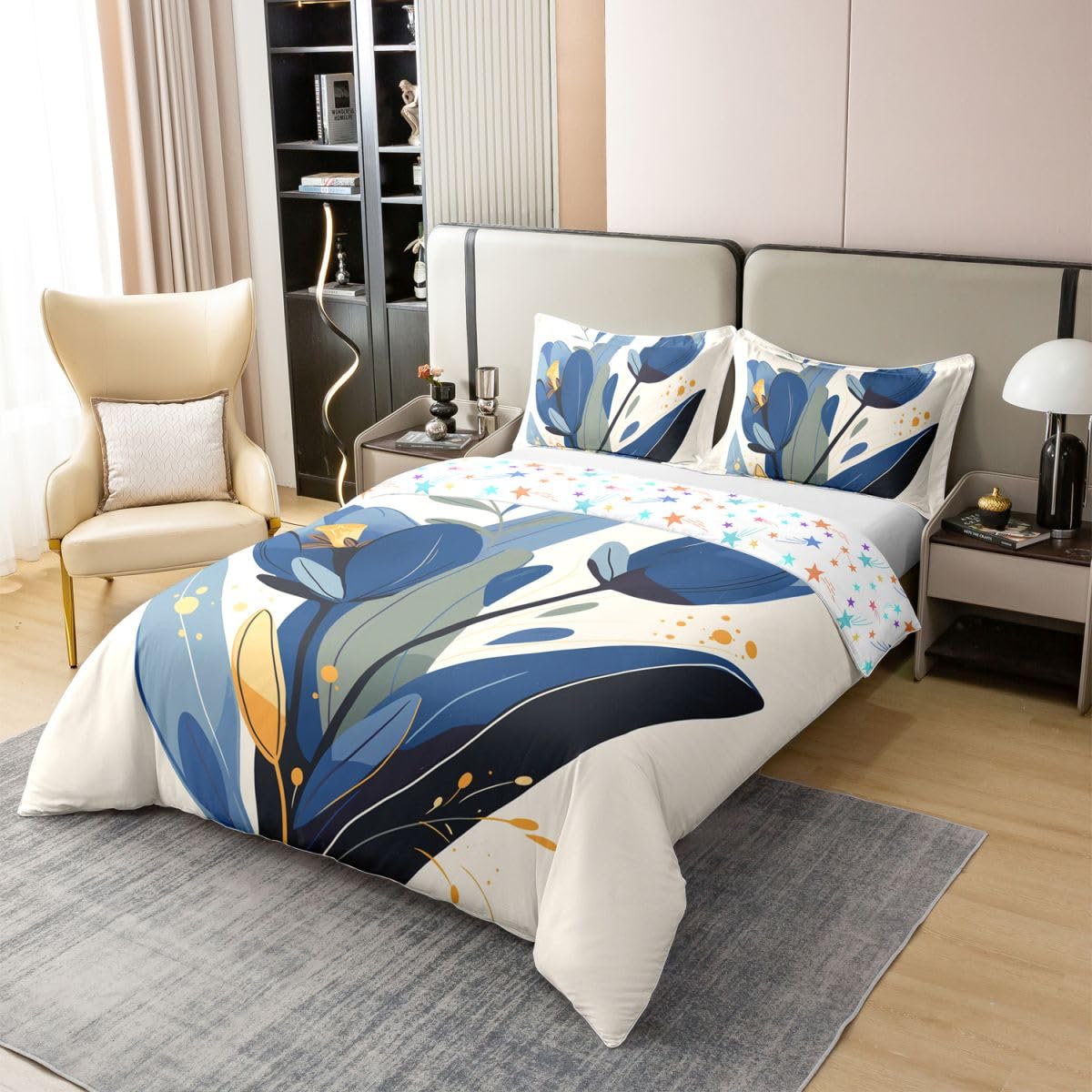 Erosebridal Blue Floral 100% Cotton Duvet Cover Full Blue Beige Bedding Set for Kids Girls Boys Adults Modern Minimalist Comforter Cover Flower Branches Pastoral Bedclothes 3 Pcs