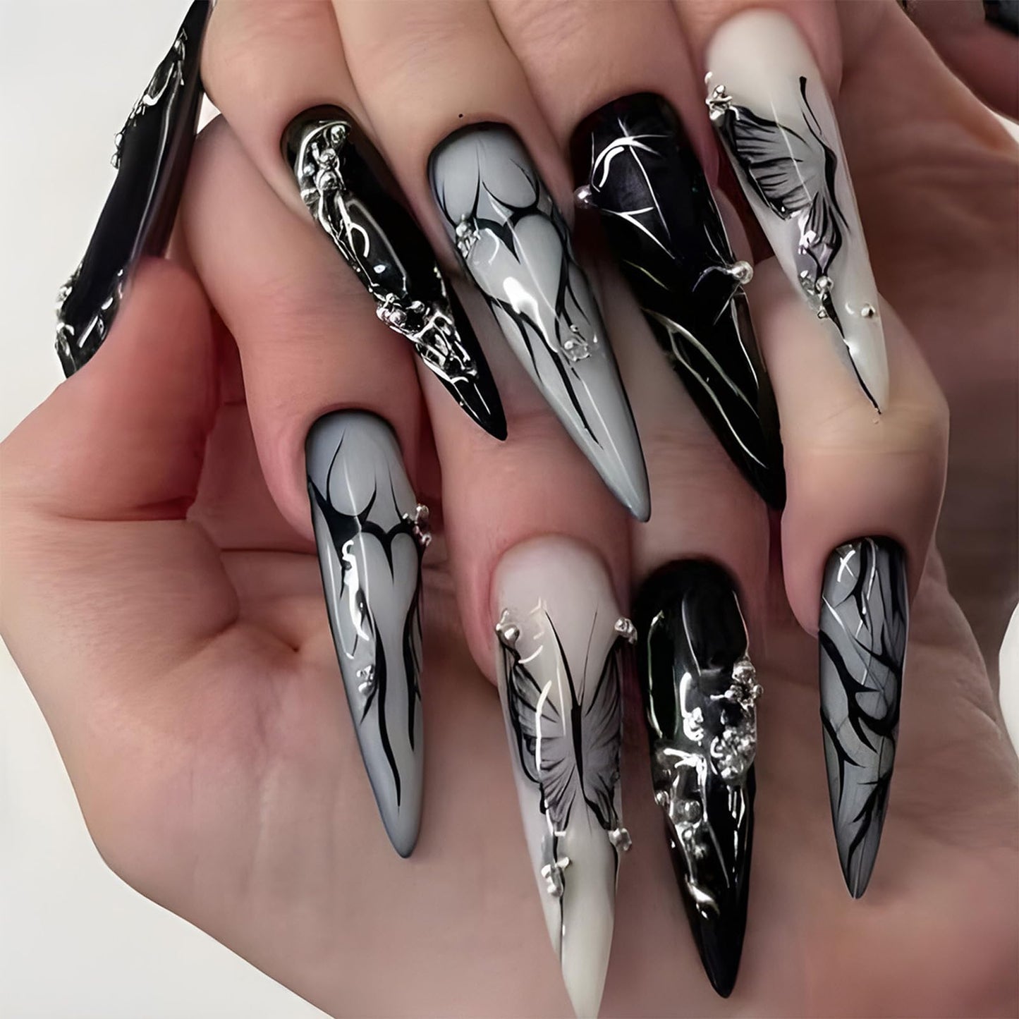 SINHOT Stiletto Press on Nails - Long Fake Nails, Glossy Finish, Black Butterfly & Gothic Style, DIY Artificial False Nail Art - 24 Pcs Nail Kit with Glue