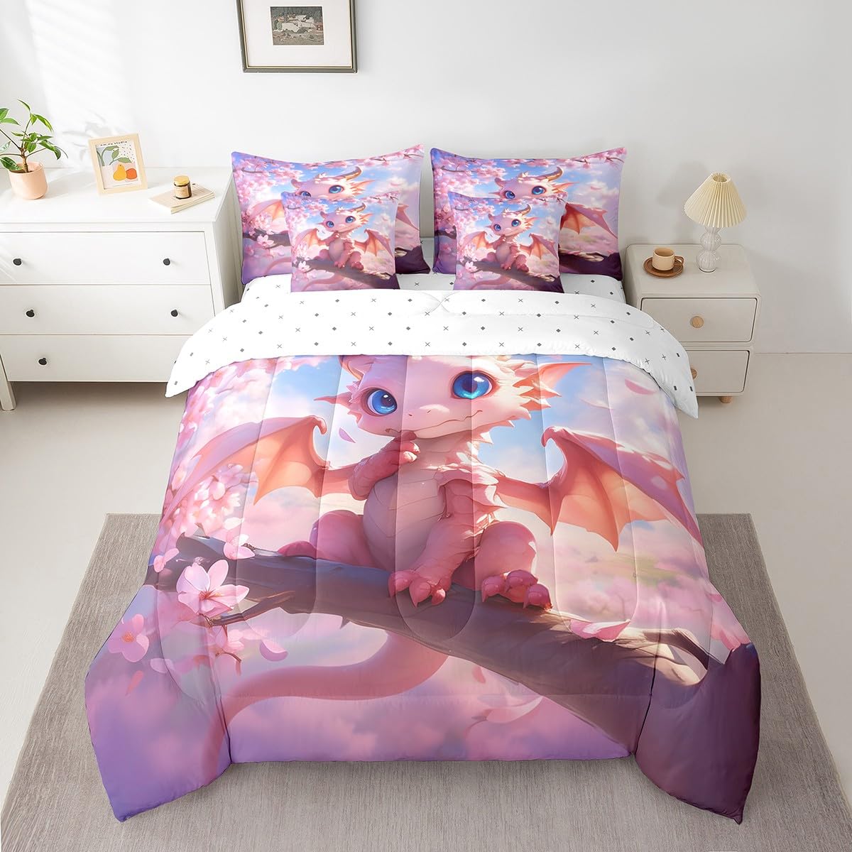 7 Pieces Cartoon Dragon Comforter Set Queen,Pink Cherry Blossom Bed Set for Kids Boys Girls,Flower Botanical Bedding(1 Comforter,1 Fitted Sheet,1 Flat Sheet,2 Pillowcases,2 Throw Pillow Cover)