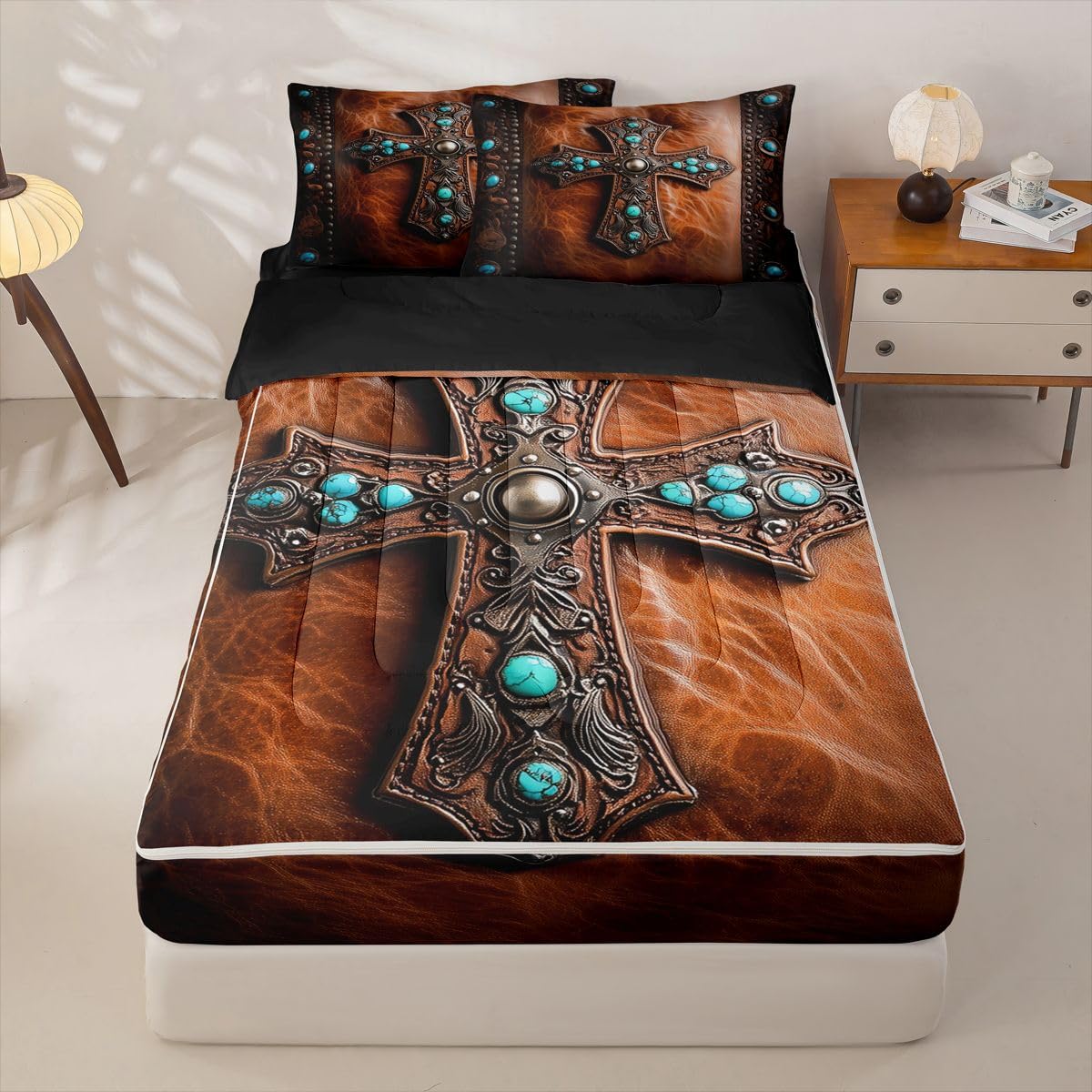 Erosebridal Ethnic Cross Zippered Bedding Set Twin Bohemian Comforter Set Rustic Western Bed in a Bag Southwestern Aztec Zipper Quilt Fitted Sheet,2 Pillowcases
