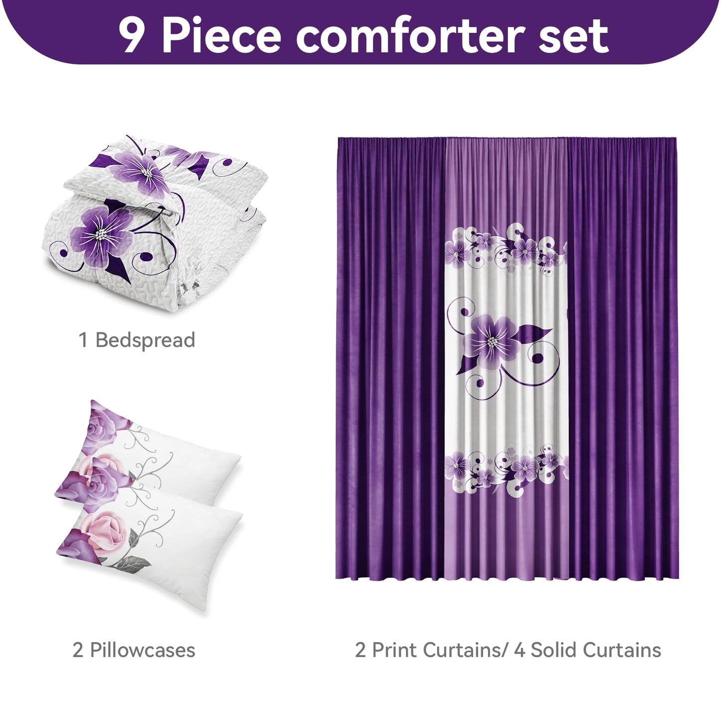 CozyCreatures Vintage Boho Purple White King Light Comforter Set, 9-Piece Bed in a Bag with Curtains, Brushed Microfiber Bedspread Set with Matching Curtains for Master Bedroom, Machine Washable