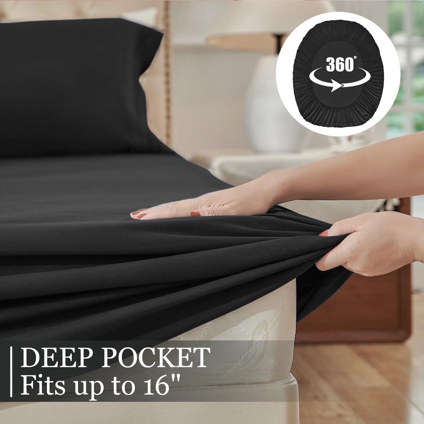 Yibeizi King Size Sheets Set Cooling Deep Pocket Bed Sheet Sets, Black Soft Microfiber Oeko-Tex Hypoallergenic Sheets & Pillowcases Wrinkle Free Bedsheets