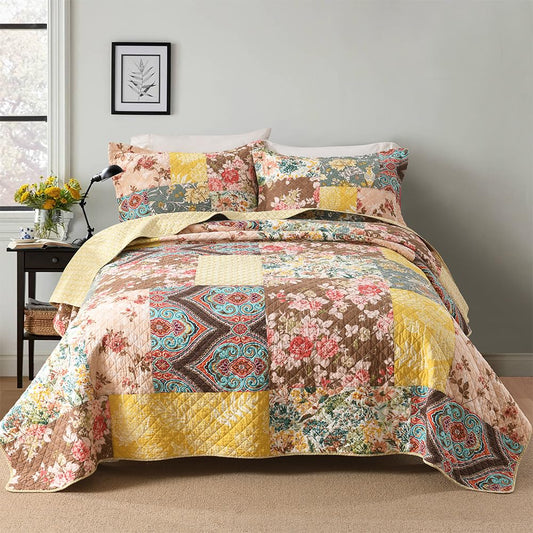 Wistown Cotton Bedspread Bedding Coverlet Quilt Sets, 3 Pieces Reversible Vintage Real Patchwork Floral Bedspread comforters (Yellow Paisley Patchwork, Queen)