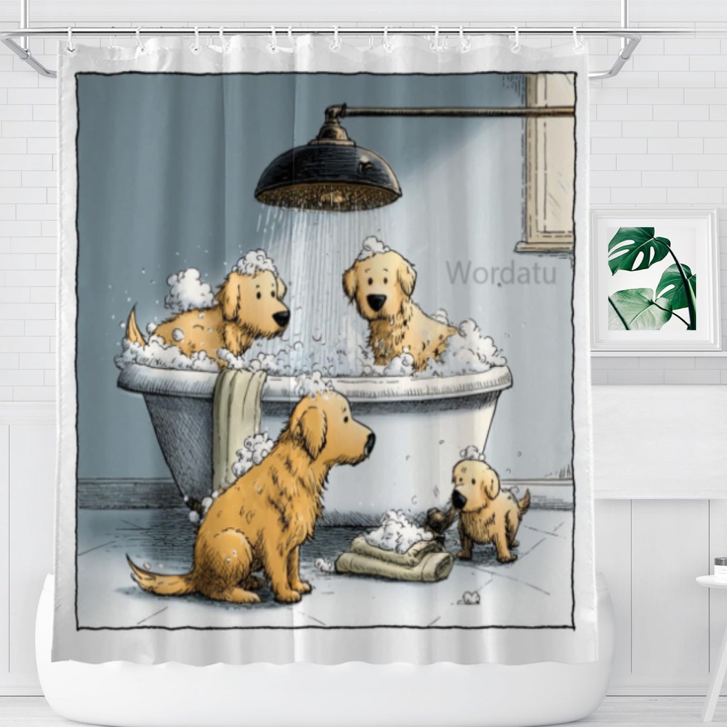 Wordatu Shower Curtain Funny Golden Retriever Cute Girls Boys Animal Paw Print Bones Kawaii Cartoon Colorful Pets Art Unique Bathroom 72x72 Inch Polyester Fabric 12 Hooks