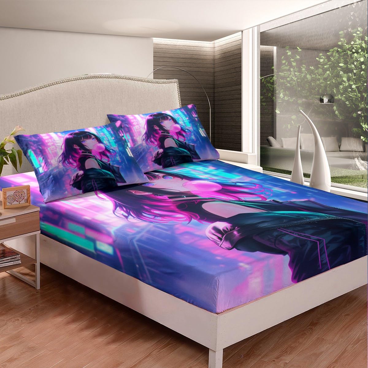 Erosebridal Anime Girl Bedding Set Full Size, Kawaii Japanese Anime Bed Sheets for Kids Boys Teens Adult Women, Cartoon Girl Fitted Sheet Japan Animation Bedroom Decor, Machine Washable