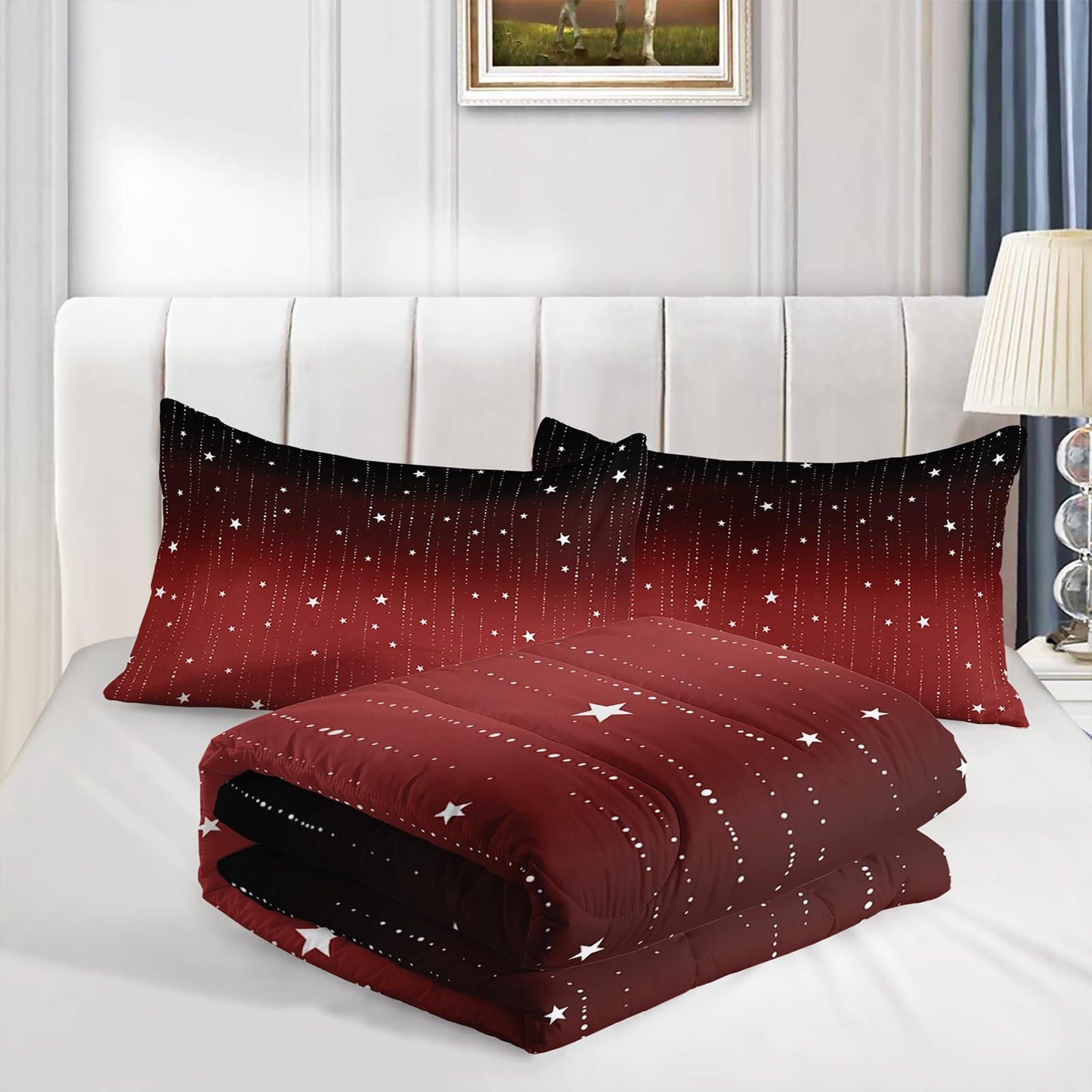 QOOMO 3Pcs Glitter Star Comforter Set Twin,Galaxy Bedding Set for Teens Boys Girls,Red and Black Printed Comforter with 2 Pillowcases,Down Alternative,Soft and Lightweight
