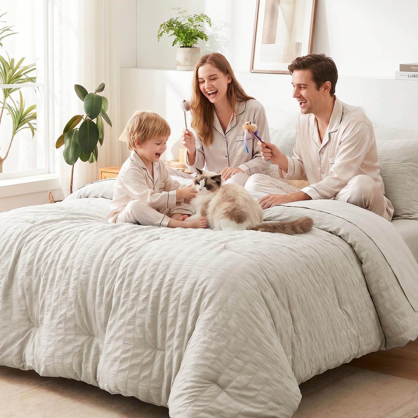 CozyLux Queen Comforter Set Beige, 7 Pieces Seersucker Textured Luxury Bed in a Bag Queen, All Seasons Soft Bedding Sets with Down Alternative Comforter, Sheets, Pillowcases & Shams, Home Gift