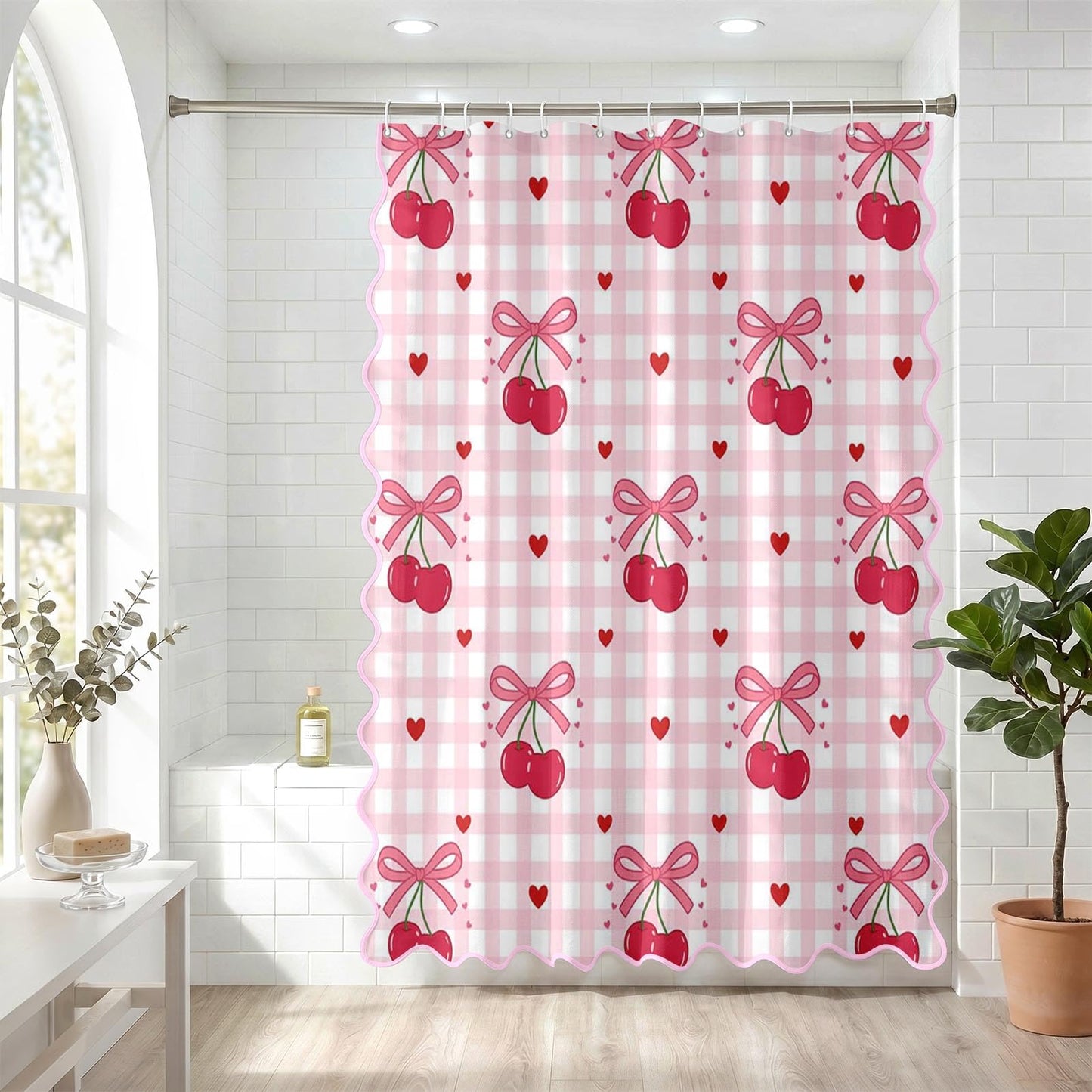 Cosovia Bow Shower Curtain with Scalloped, Pink Cherry Checkered Washable Waterproof Shower Curtains for Bathroom Decor with 12 Hooks, 72x72 Inch