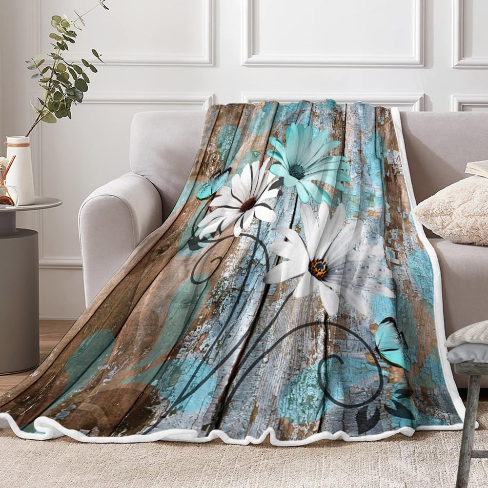 JAWO Farmhouse Flower Floral Throw Blanket, Rustic Teal Turquoise Daisy Fleece Cozy Warm Bed Couch Blanket, Country Blue Fleece Flannel Throws to Decorate the Room and Bedroom Warm Blanket 50X60IN