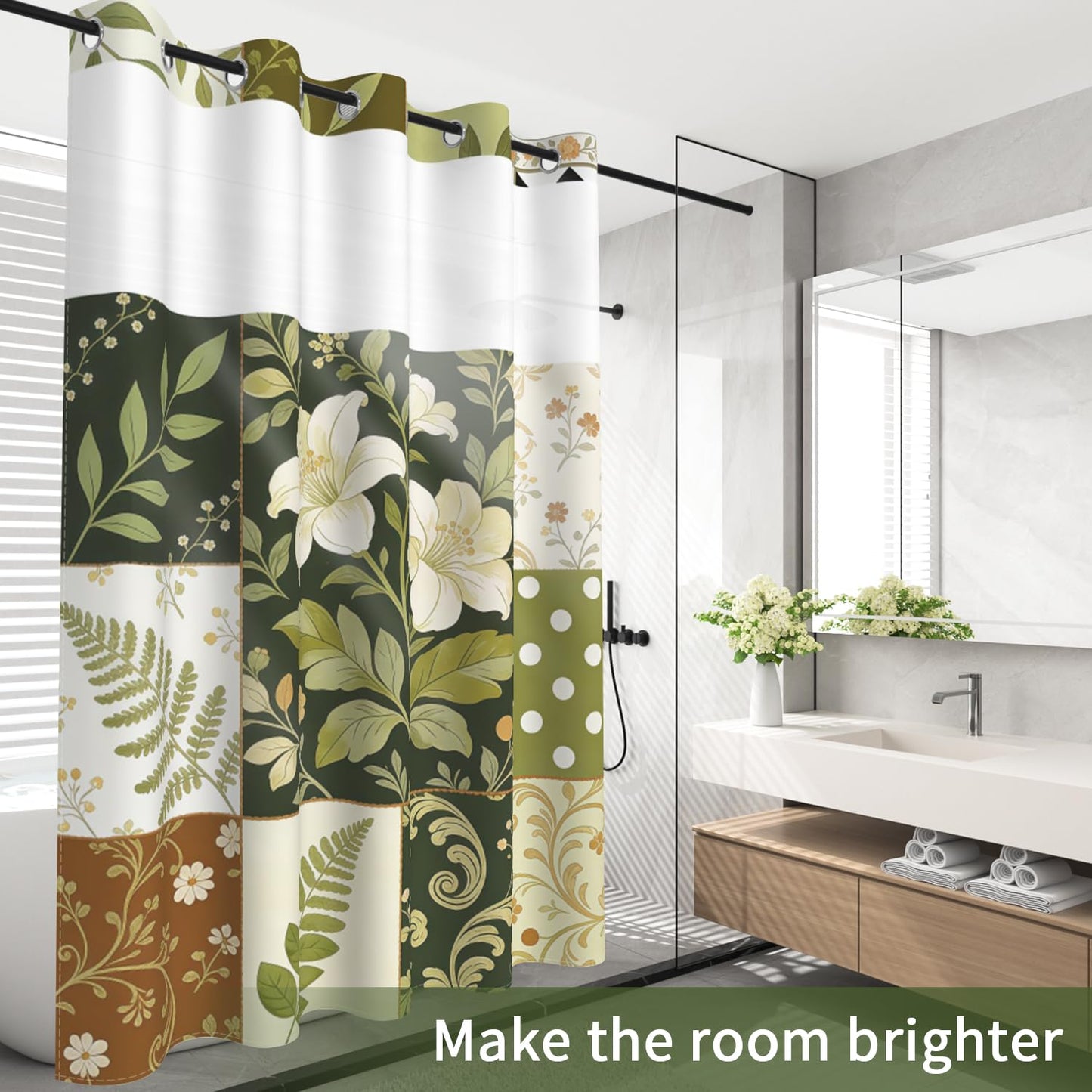 NAEMBCU Boho Floral No Hook Shower Curtain with Snap in Liner Set 71x74 in