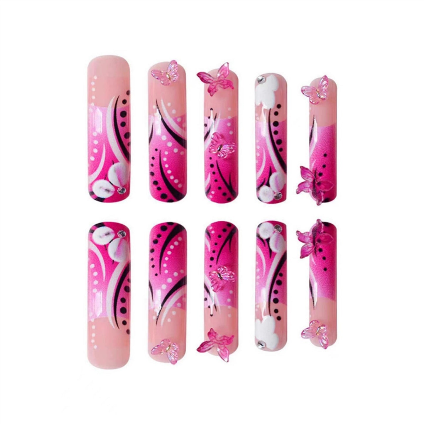 Curved Press on Nails Long Fake Nails Pink Artificial Nail Floral and Rhinestones Designs Stick on Nail for Women 24pcs