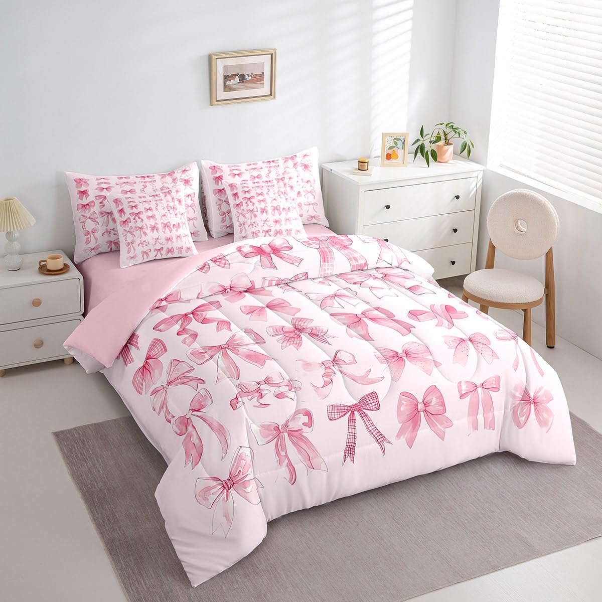 Erosebridal Cute Bow Bed in A Bag for Teen Girl Girly Coquette Bow Comforter Set Twin Pink Modern Fashion Aesthetic 7 Piece Bedding Set Dreamy Fantasy Bowknot Duvet Insert with Flat Fitted Sheets