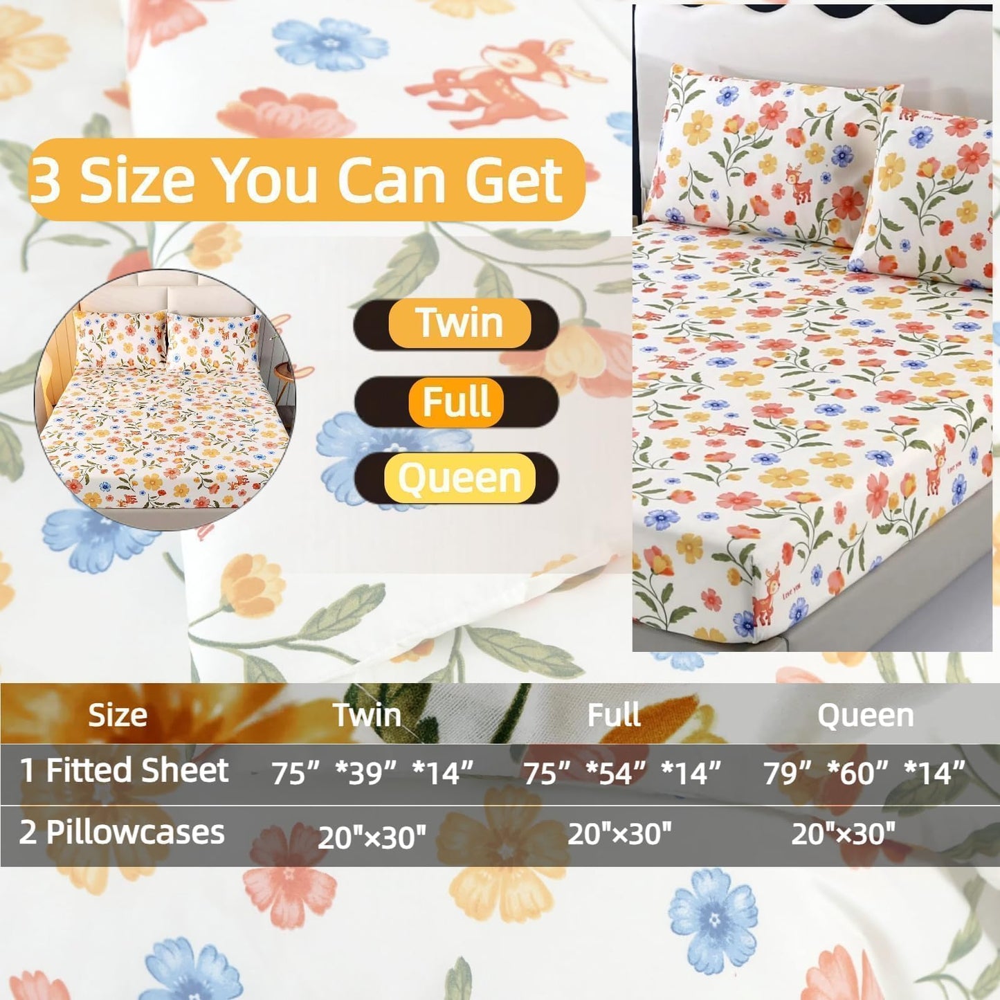 SDIII Reindeer and Floral Queen Fitted Sheet with 2 Pillowcases, Deep Pocket Soft Microfiber Fawn and Floral Sheet Queen Size All Season