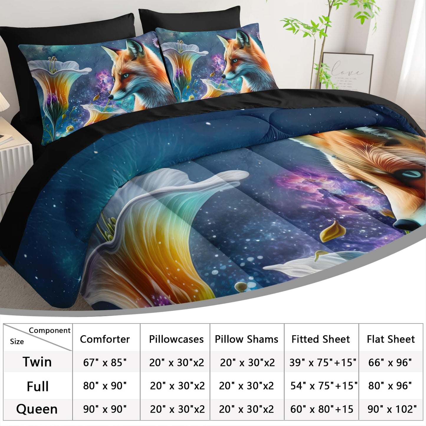 AILONEN Cute Fox Comforter Set Full 7-Piece Galaxy Flower Fox Bed in a Bag for Kids Boys,Soft Comforter & Fitted Sheet with Flat Sheet,2 Pillowcases,2 Pillow Shams