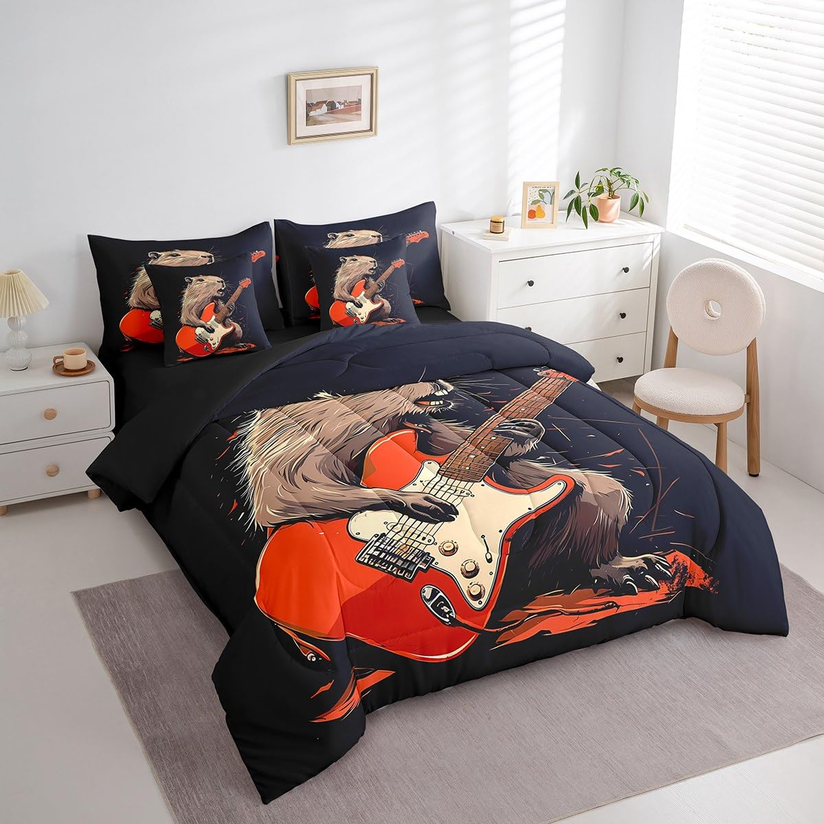 Lovely Capybara Twin Comforter Set with Sheets, Hipster Grunge Guitar 7 Piece Bedding Set Capybara Animals Lovers Bed in a Bag, Cute Beaver Rodent Animals Print Decor, Musical Instruments Decor