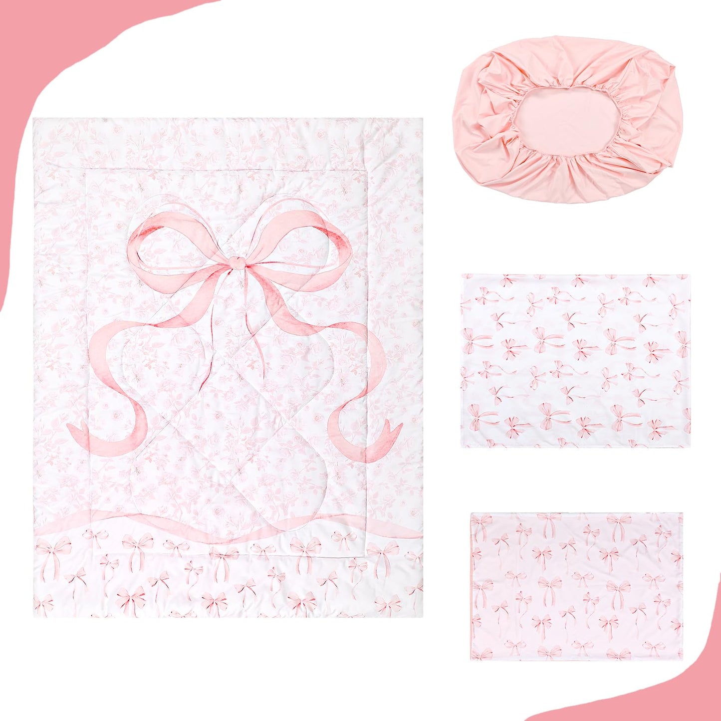 DAYEEBALL 4 Piece Toddler Bedding Set, Ultra Soft and Breathable Toddler Comforter Sets for GirlsIncludes Quilted Comforter, Fitted Sheet, Flat Sheet and Pillowcase, Pink Bow