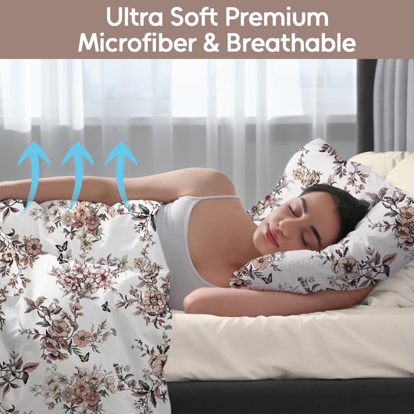LONAVA Floral Queen Size 6 Pcs Sheet Set, Breathable Microfiber Deep Pocket Light Grey Fitted Sheets, Comfy & Breathable Patterned Flat Sheets,4 Gentle Soft Pillowcases, Withered Flowers