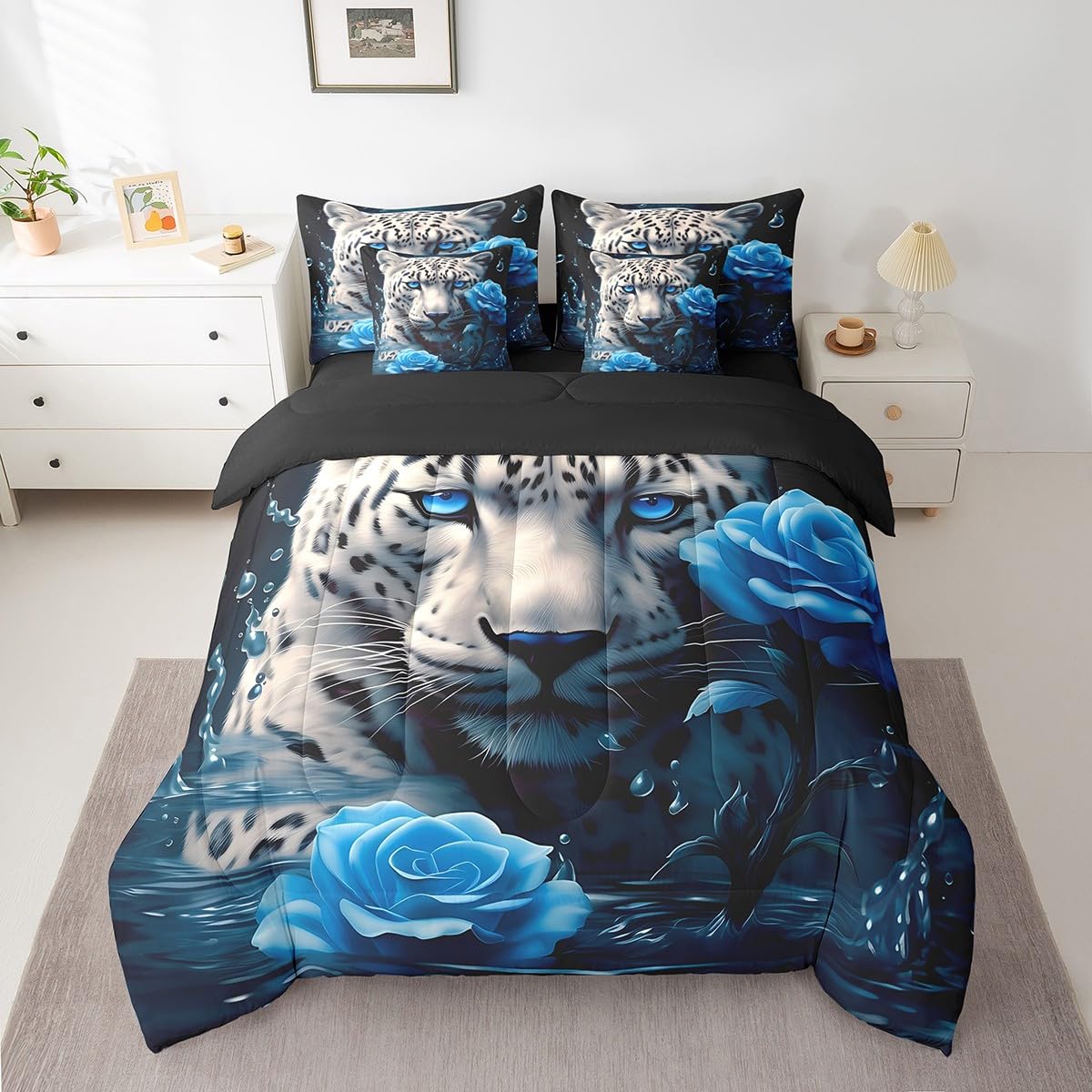 Feelyou Blue Rose 7 Piece Bedding Set for Adult Couple Full Size White Leopard Comforter Set with Sheets Boys Girls Romantic Bed in a Bag Floral Flower Bed Set