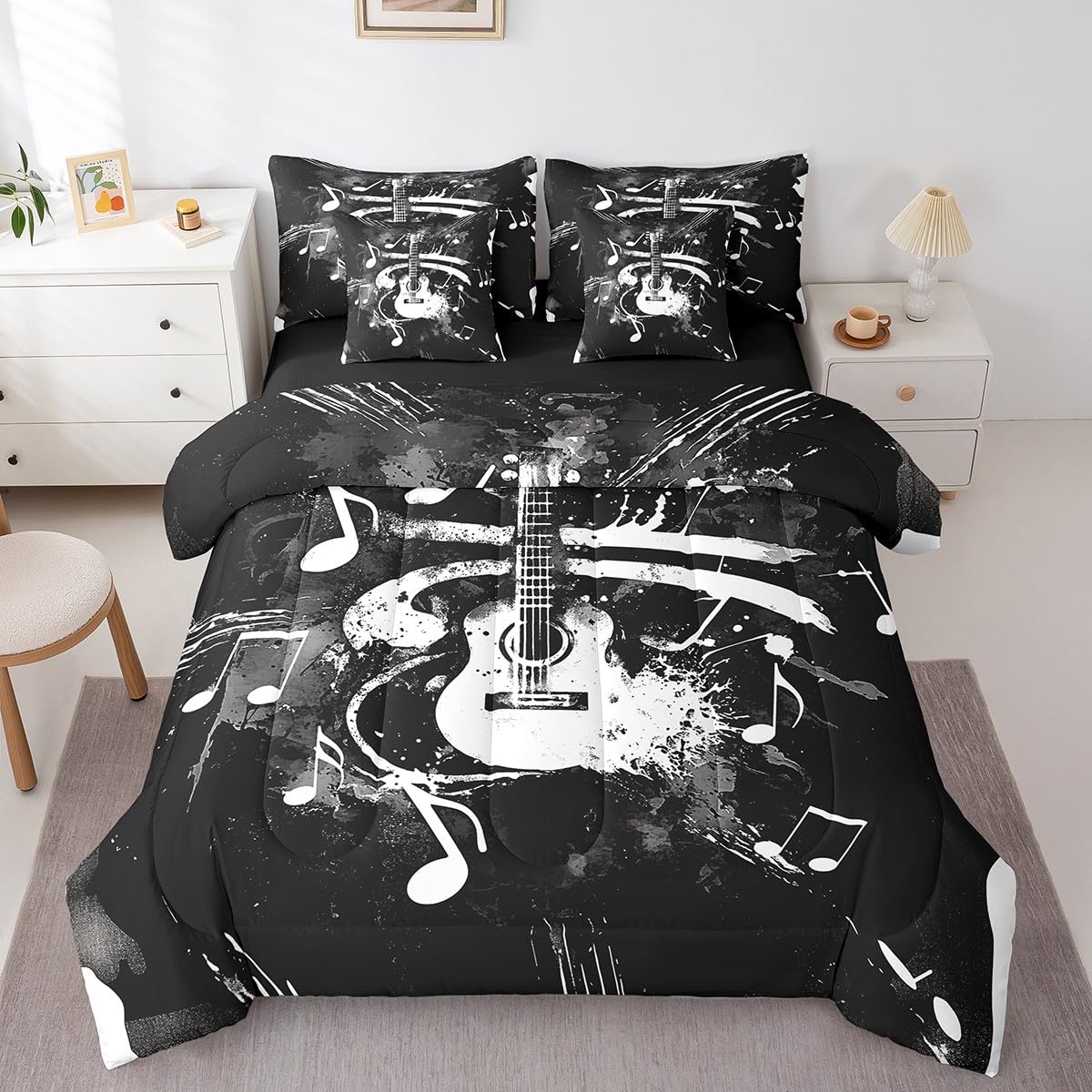 Feelyou Guitar Comforter Set with Sheets Queen Size Rock Music Bed in a Bag for Boys Girls Teens Black 7 Pieces Bedding Set Soft Lightweight Microfiber