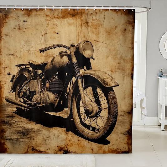 jejeloiu Vintage Motorcycle Shower Curtain Dirt Bike Bath Curtain for Boys Racing Motocross Bathroom Waterproof Accessories with 12 Hooks Brown Yellow Waterproof Polyester,72x78 Inches