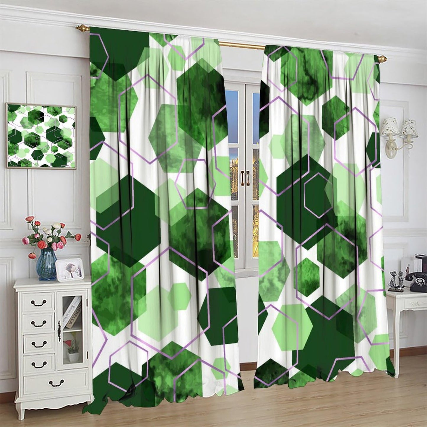 YCness Marble Curtains Modern Abstract Green Geometric Art Printed Blackout Window Drapes for Bedroom Living Room Decor Fabric Set 2 Panel 42x45 Inch 80% Shading Rate