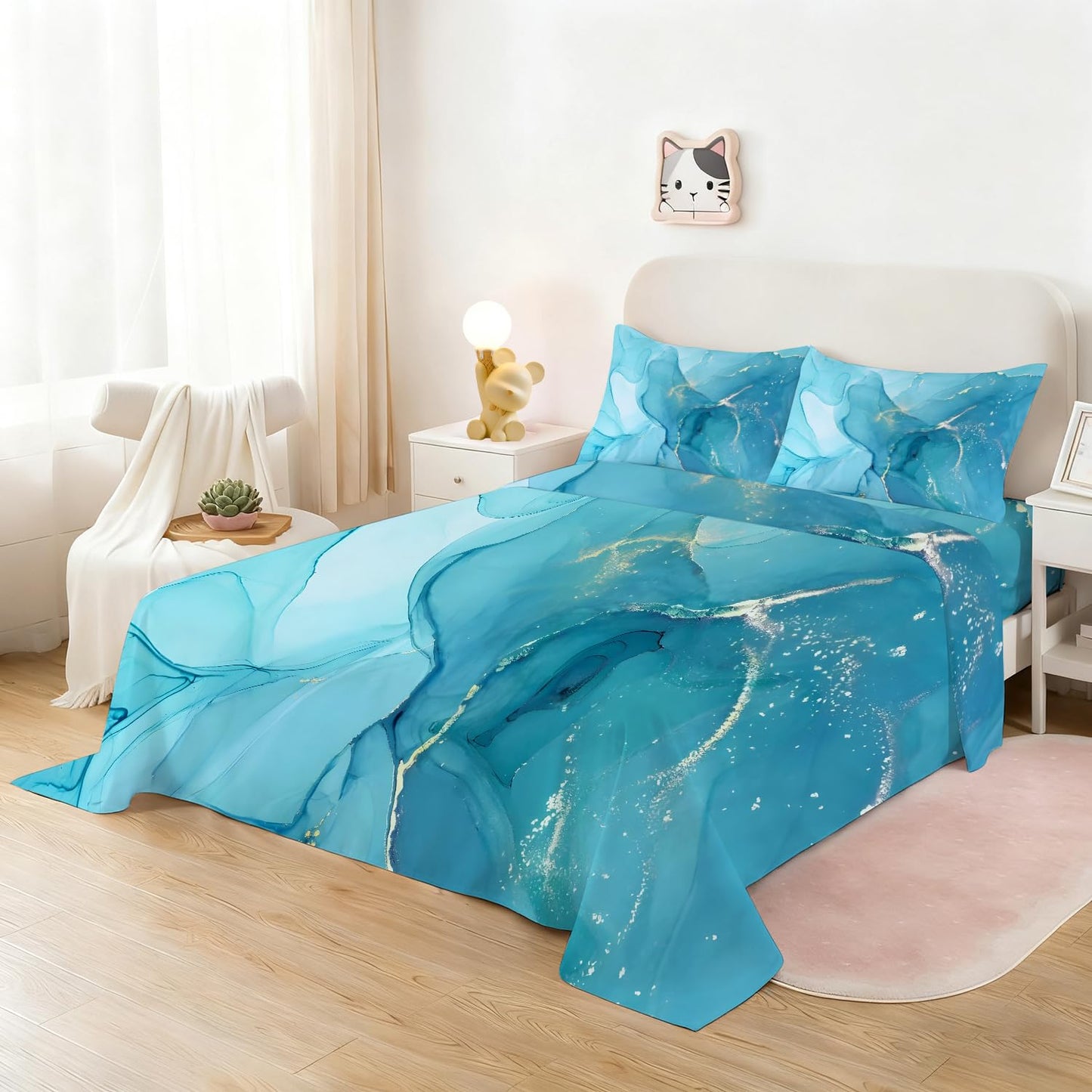 VTKON Kids Twin Blue Marble Sheets Set Aesthetic Blue Gold Marble Bedding Set Boys Girls Soft Microfiber Bed Sheet Includes 1 Fittde Sheet, 1 Flat Sheet and 1 Pillowcase