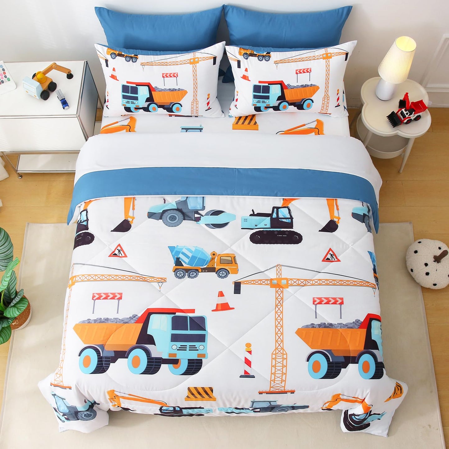 Jameswish 7 Pieces Boys Comforter Set Full Size Excavator Bedding Set Cartoon Car Kids Bed in a Bag Construction Truck Bedding for Children Kids Boys Teens for Birthday Choice