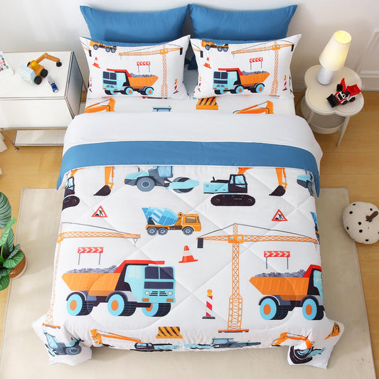 Jameswish 7 Pieces Boys Comforter Set Full Size Excavator Bedding Set Cartoon Car Kids Bed in a Bag Construction Truck Bedding for Children Kids Boys Teens for Birthday Choice