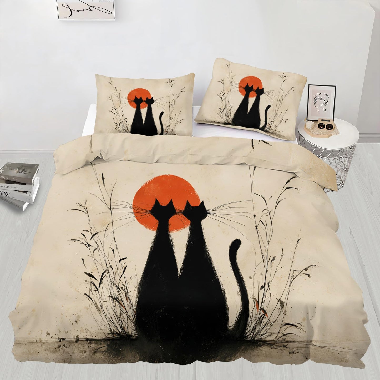 ZAMODE Cat Comforter Cover Queen Size 90" x 90", Retro Black Kitten Duvet Cover, Cat Lovers Bedding Set with 2 Pillowcases