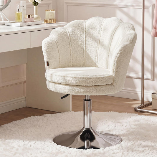 Furniliving Teddy Vanity Chair No Wheels, Modern Swivel Makeup Chair with Ergonomic Lotus-Shaped Backrest, Height Adjustable, Comfy Desk Chair for Dressing Room, Home Office, Bedroom, White