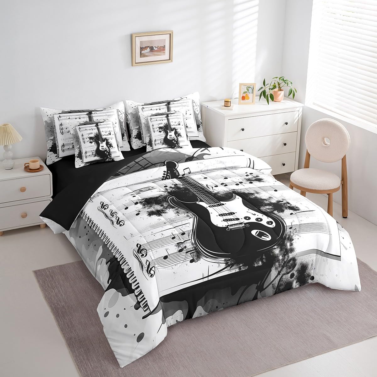 Feelyou Music 7 Pieces Bedding Set Queen Size Guitar Comforter Set with Sheets for Kids Boys Girls Rock Music Bed in a Bag Guitar Instruments Bed Set