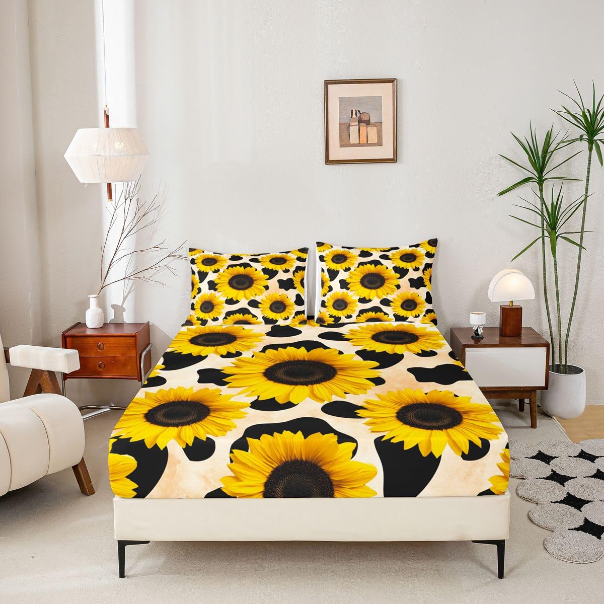 Sunflower Fitted Sheet for Kids Girls Boys Black White Milk Cow Print Bedding Sets Spring Summer Floral Fitted Bed Sheets Highland Cow Farm Theme Sunflower Bedding Twin Size,No Flat/Top Sheet