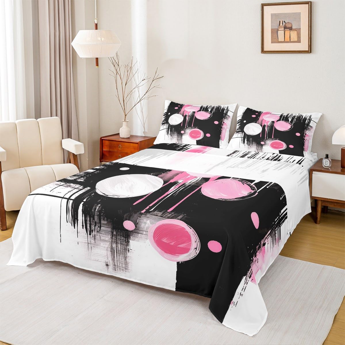 jejeloiu Retro Circle Bed Sheets Set Twin Size Black and Pink Abstract Bed Set Deep Pocket Fitted Sheet Breathable Soft Lightweight Microfiber