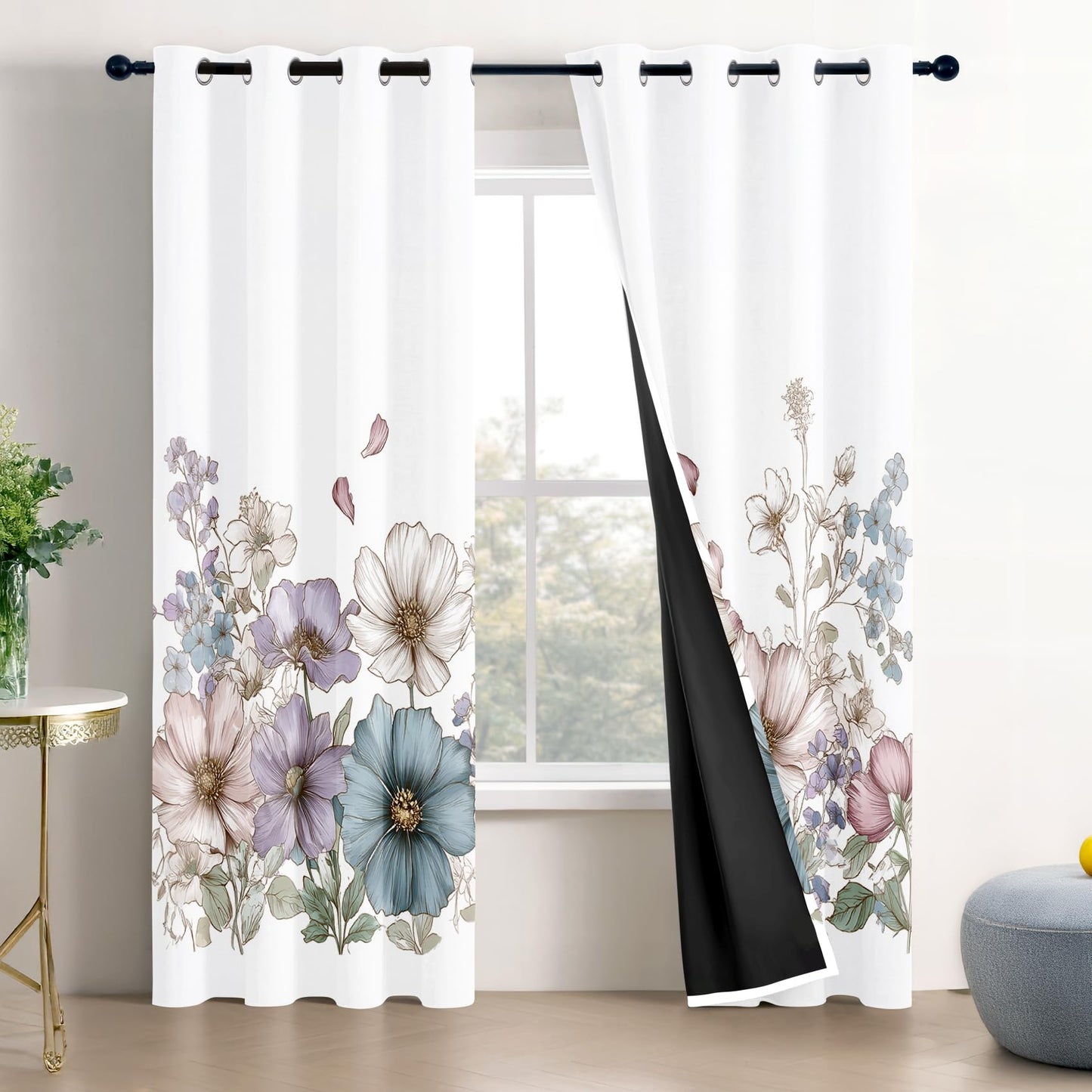 Solvivae Floral Blackout Curtains for Bedroom Living Room, Shabby Chic Floral Botanical Patterned Window Treatments, Room Darkening Thermal Insulated Grommet Drapes, 84 Inch Curtains 2 Panel Set