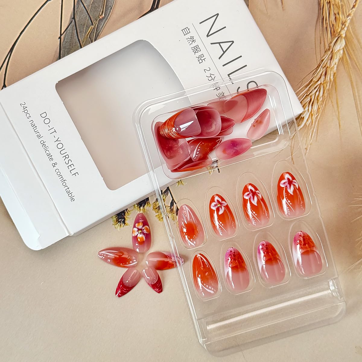 24Pcs Red Flower Press on Nails Medium Almond French Tip Fake Nails with 3D Gilding Rhinestones Design Spring Summer False Nails Full Cover Artificial Glue on Nails Handmade Stick on Nail for Women
