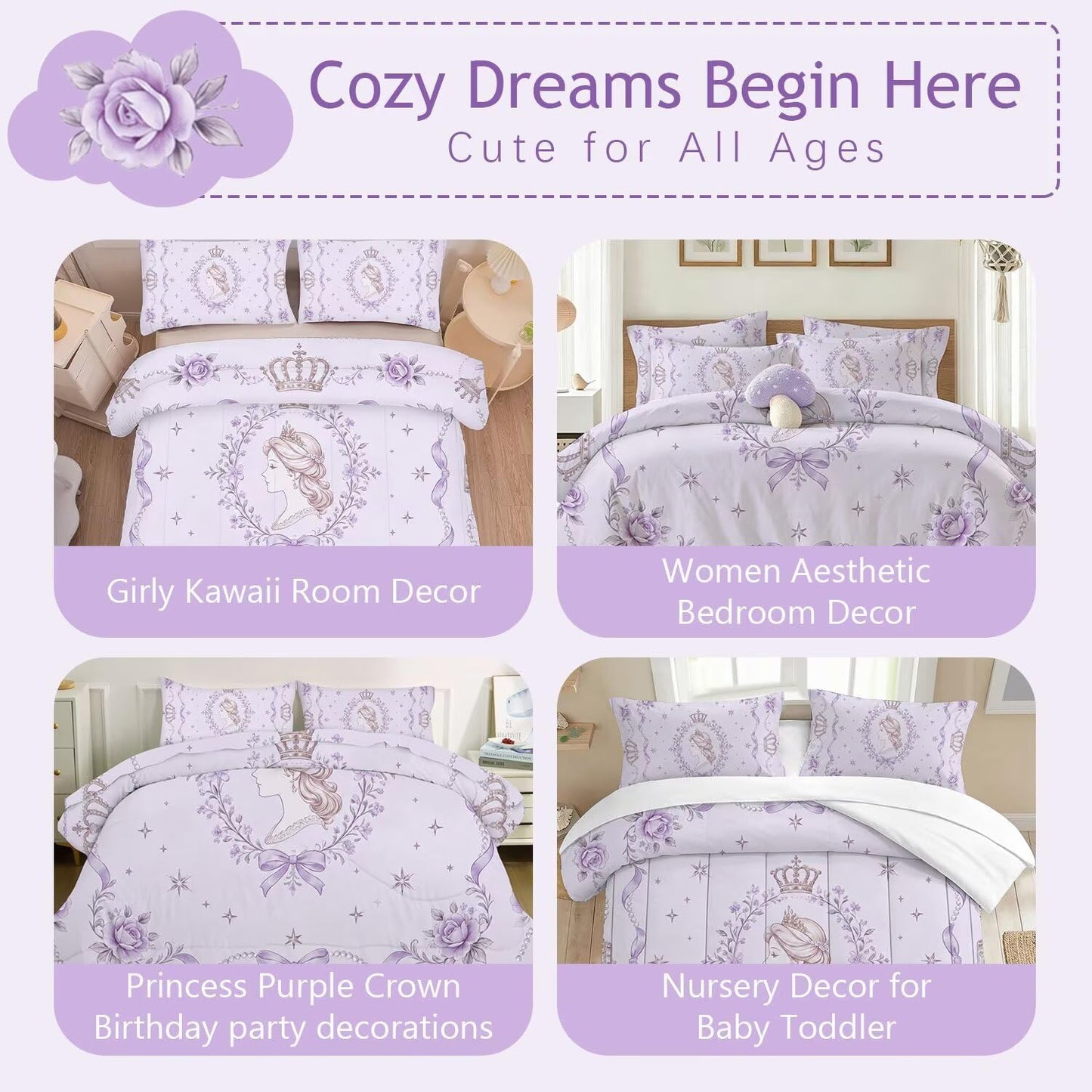 VTKON Purple Twin Princess Bedding Kids Quilt 1 Comforter + 1 Pillowcase