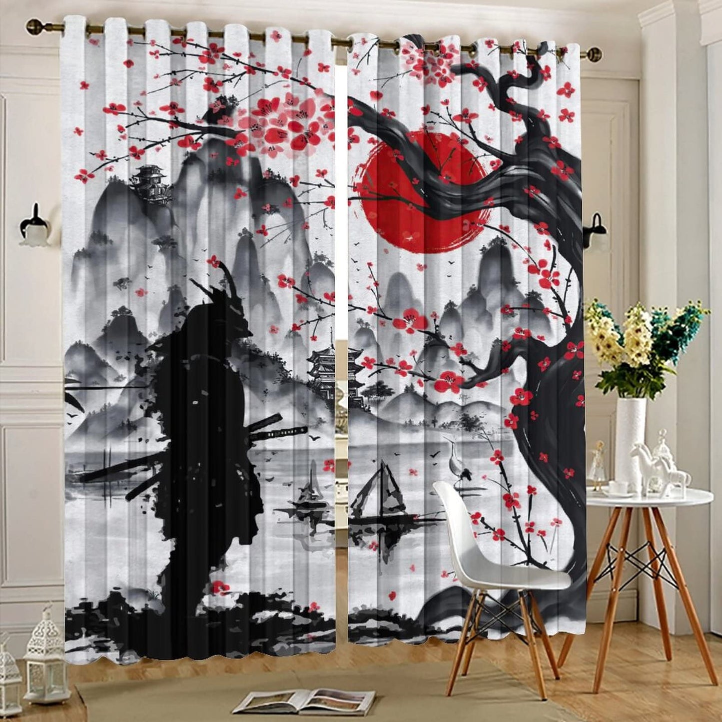 Retro Japanese Blackout Curtains for Bedroom,Watercolor Ink Samurai Red Sun Mountain Cherry Blossoms Grommet Thermal Insulated Room Darkening Curtains Window Curtains 2 Panels 45L x 21W