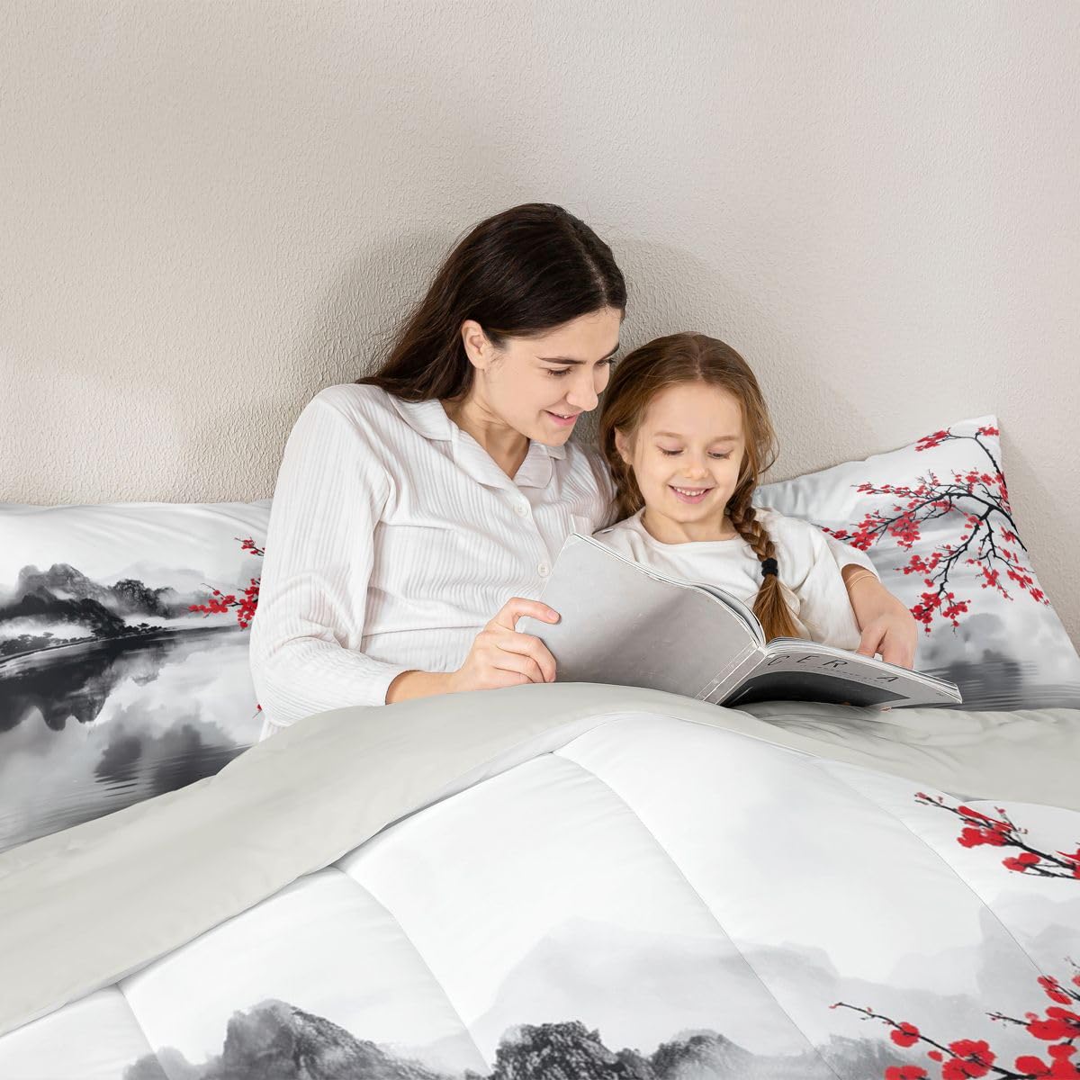 jejeloiu Chinese Ink Painting Comforter Set All Season Cherry Blossom Bedding Set with 2 Pillow Cases Mountain Microfiber Kids Queen Bedclothes Japanese Style Bedroom Decor Duvet Quilt Breathable Soft
