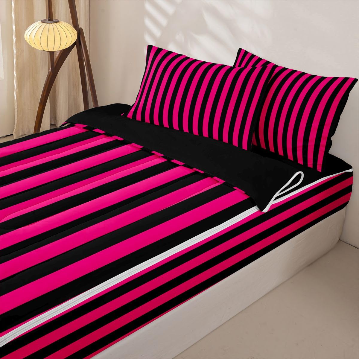 Feelyou Stripes Zipper Bedding Full Geometric Zipper Bedding Sets for Kids Boys Girls Modern Striped Art Comforter Set with Fitted Sheet and Pillowcases Luxury Bedroom Decor Red Black